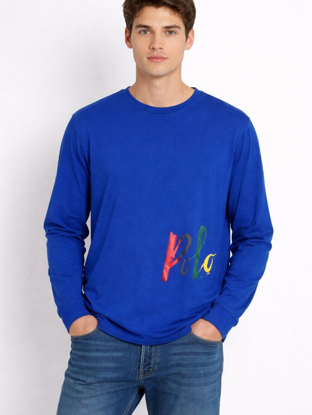 POLO RALPH LAUREN Royal Blue Brushstroke Script Logo Long Sleeve Tee Mens Large